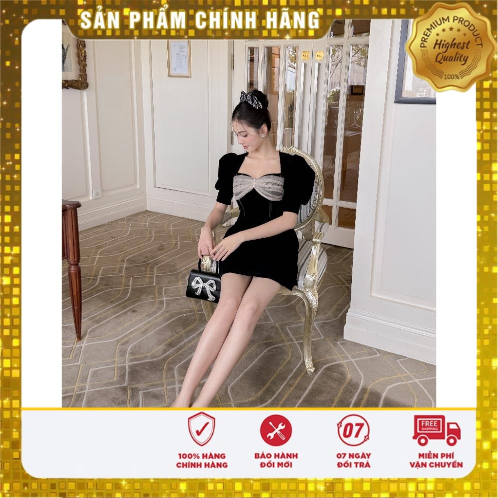 VS08 Vivi Shop Đầm Nữ Thiết Kế Nhung Phối Tơ SOLEIL ROOM Chiết Eo Cùng Bản Nơ Tiểu Thư LOVELYN DRESS