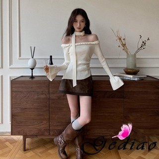 Thanh niên-Nữ lệch vai Đan Áo Dài Tay Ruffle Viền Áo Len Mùa Thu Áo Thun Có Khăn