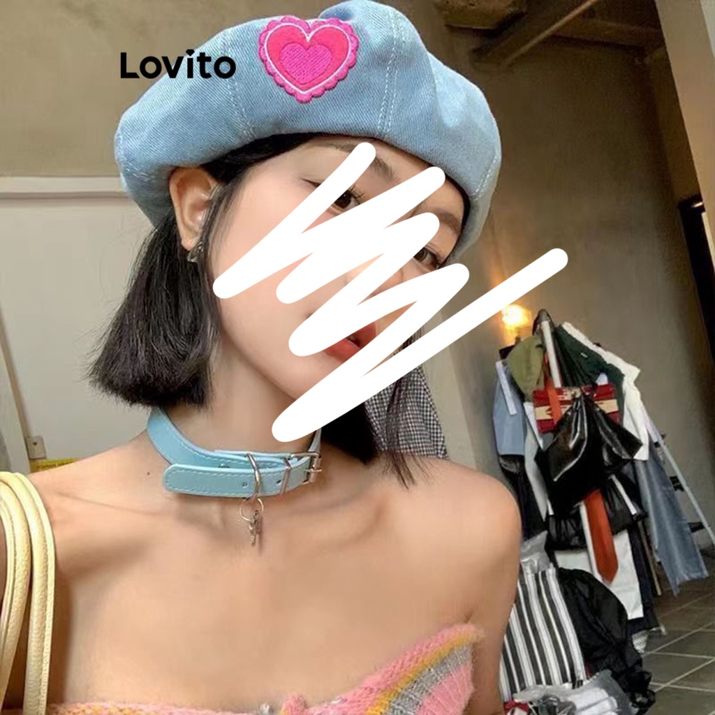 Lovito Mũ nồi thông thường Heartshape Heart Raw Wash Kiểu dáng đa năng Mũ nhỏ dành cho nữ LFA08599 (Xanh đậm/Xanh lam)