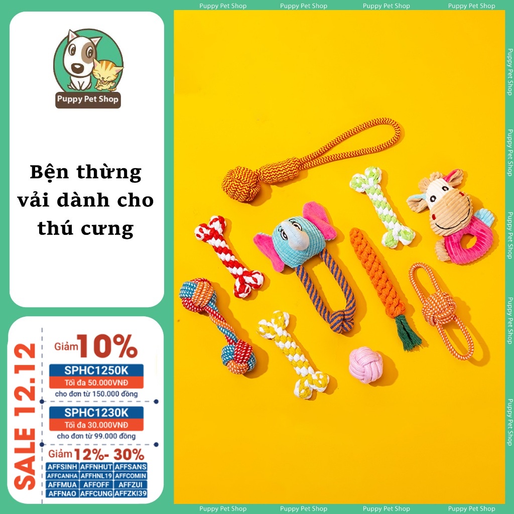 Đồ chơi cho chó mèo bện thừng - Cà rốt, xương vải, tay cầm bóng vải, xương bóng 2 đầu