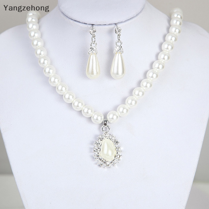 Bộ Vòng cổ + Bông Tai Đính Pha Lê & Ngọc Trai Hình Giọt Nước Sang Trọng