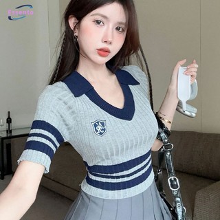 Mùa hè phiên bản Hàn Quốc cay dành cho nữ cổ polo tương phản in áo mỏng vừa vặn áo sơ mi nữ đế quá khổ