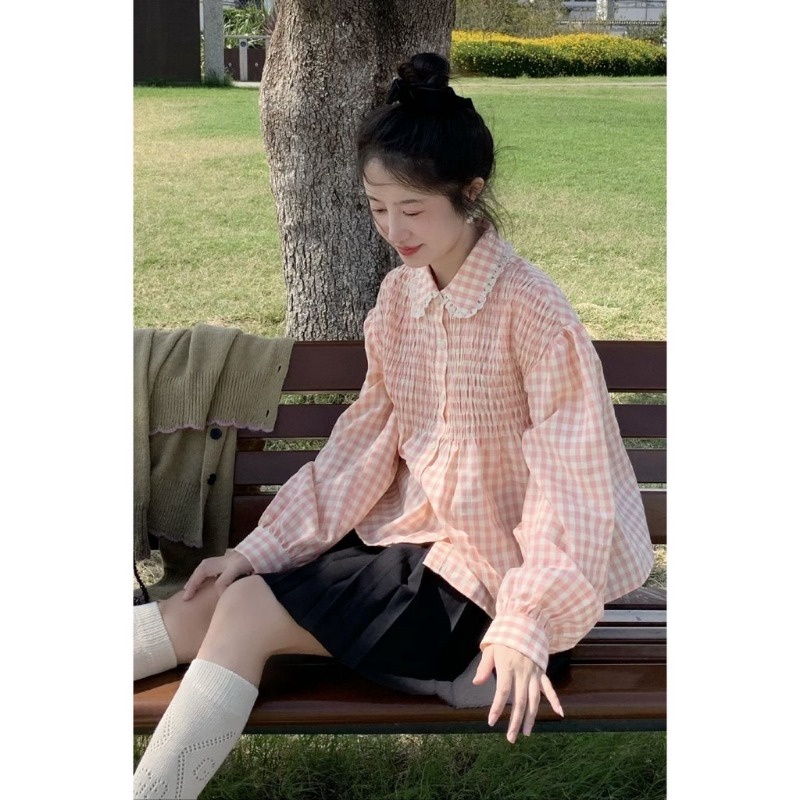 Áo Sơ Mi Tay Dài Dáng Rộng Sọc Ca Rô Màu Hồng Thời Trang 2022 Dễ Thương Cho Nữ