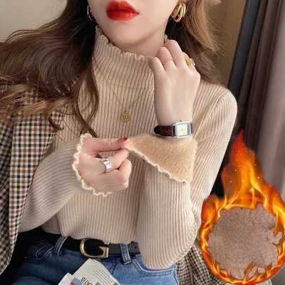 Áo len áo giữ nhiệt cổ lọ lót lông cực ấm Mới Áo Len Một Mảnh Lót Lông Cừu Dày Cổ Cao Bên Trong