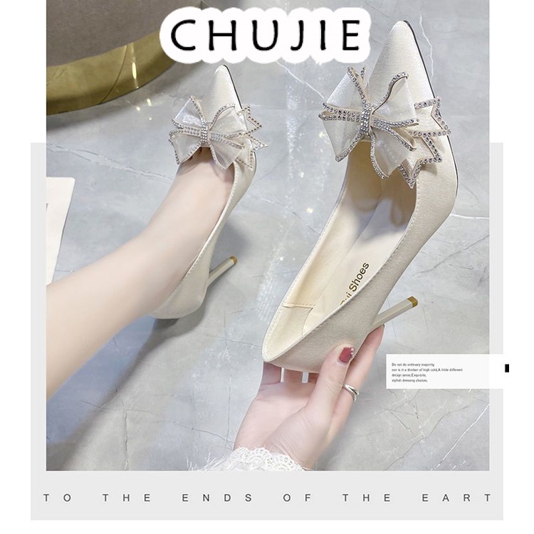 CHUJIE  giày nữ cao gót Giày Cao Gót Mũi Nhọn Quai Nơ Đính Đá Thời trang Phong cách fashion Độc đáo B25G053 36Z230909