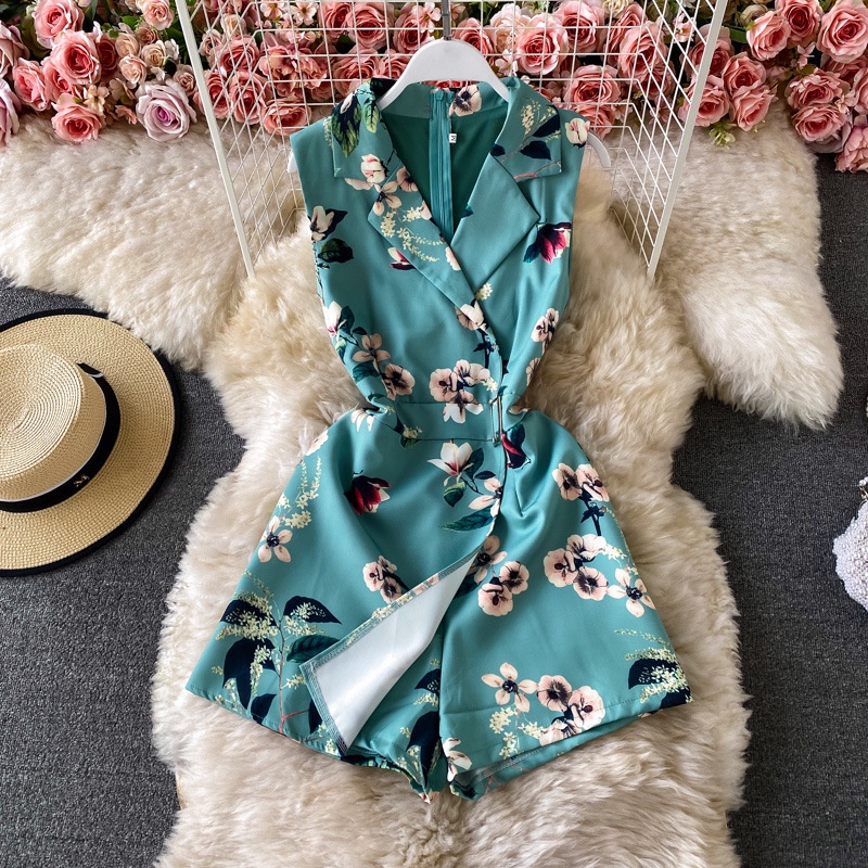 Jumpsuit Sát Nách Hoạ Tiết In Phong Cách Retro