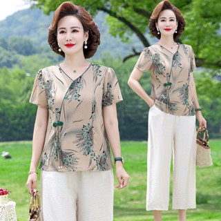 [Hàng có sẵn] Bộ đồ mùa hè của mẹ phong cách mới dành cho phụ nữ trung niên Áo thun ngắn tay Áo sơ mi nhỏ rộng 40 tuổi