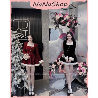 Váy nhung cứng dài tay họa tiết trơn phối bèo trắng, Đầm nữ dáng xòe ngắn cổ vuông dài tay diện noel