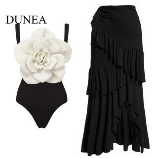 DUNEA Set Đồ Bơi Một Mảnh Họa Tiết Hoa 3d Màu Trắng Đen Thời Trang Đi Biển