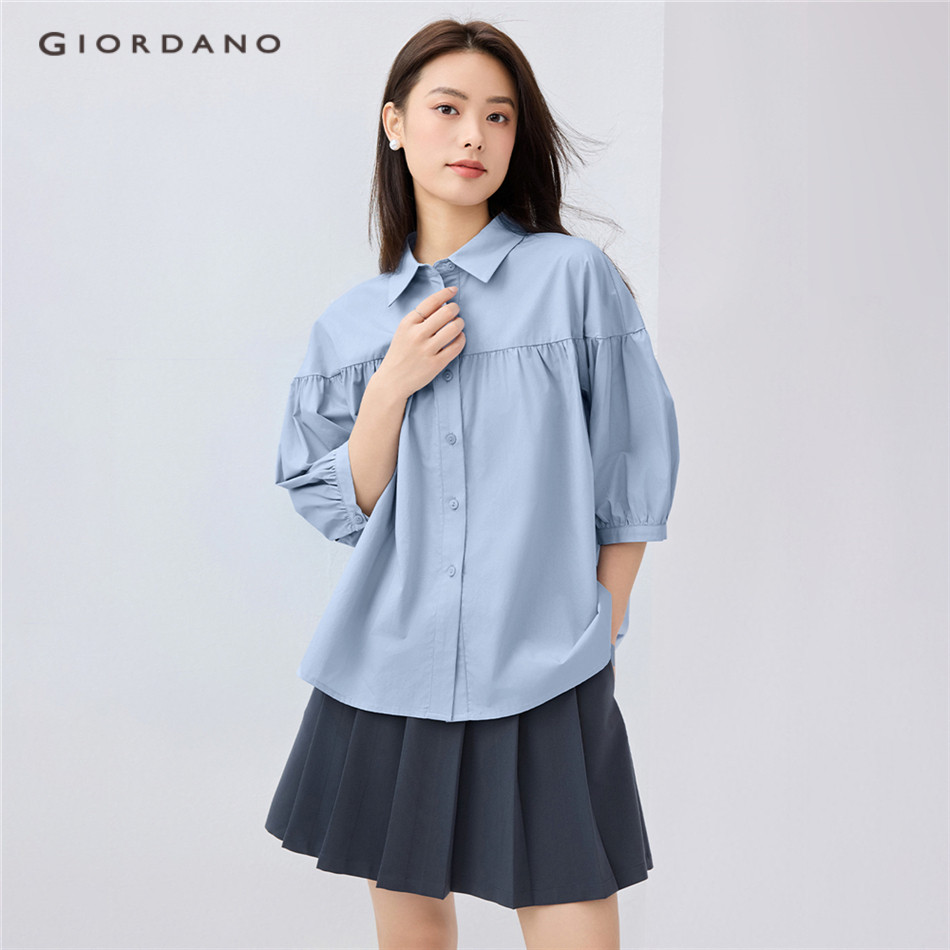 GIORDANO WOMEN 100% Cotton elbow length sleeve poplin shirt 13345302