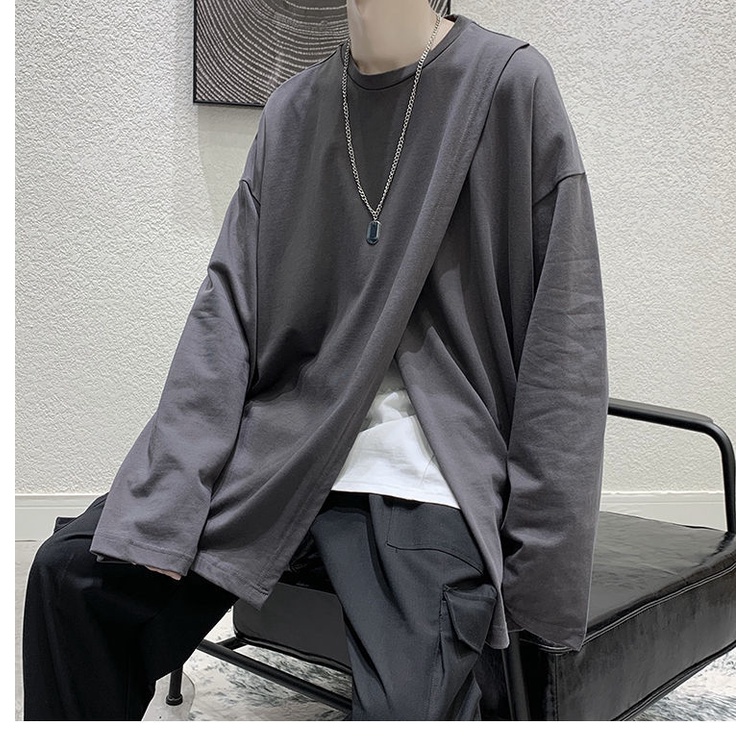 Áo Thun Tay Dài Dáng Rộng Xẻ Tà Kiểu Hồng Kông Cá Tính Cho Nam