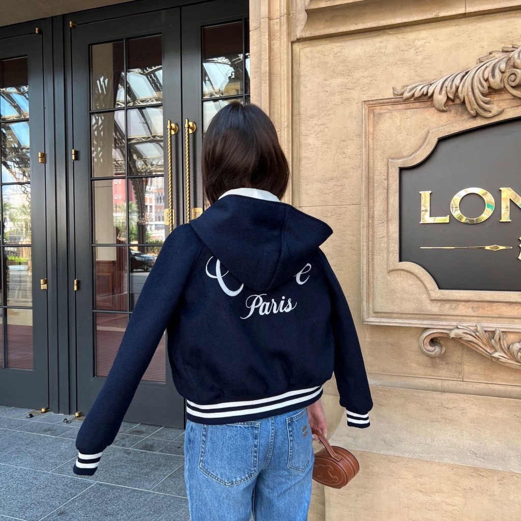 CE 2023 autumn embroidered logo casual hooded coat contrast color ribbon hooded coat baseball coat