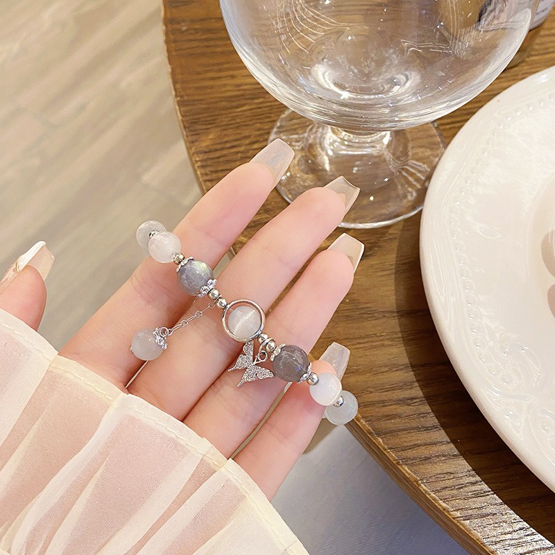 Vòng Tay Chuỗi Hạt Đá Mắt Mèo Màu Trắng Tự Nhiên / Mặt Dây Chuyền Hình Bướm Thời Trang Cho Nữ