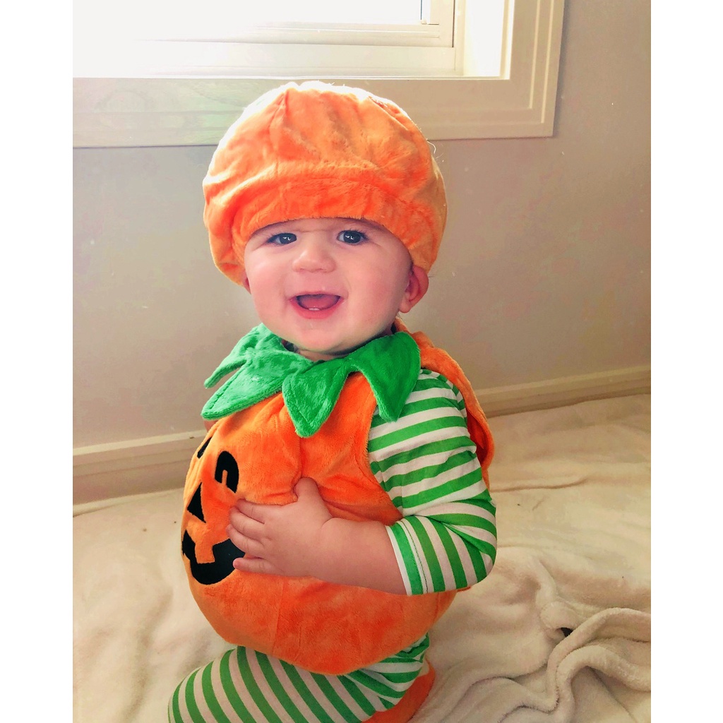 Bộ Áo Liền Quần Cổ Tròn Không Tay Hình Bí Ngô halloween Dễ Thương Cho Bé