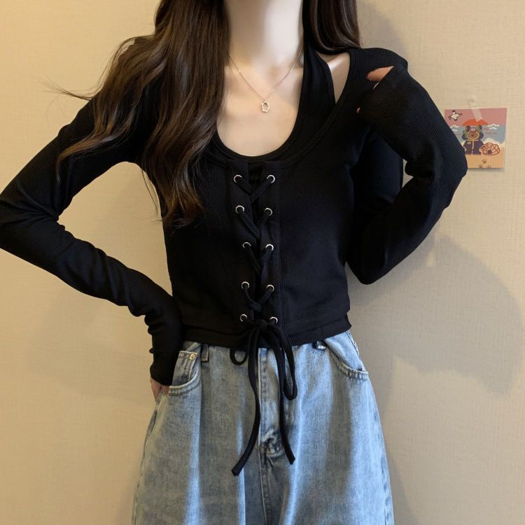 Áo Thun Tay Dài Hai Dây Cổ Yếm Phong Cách Mỹ Thời Trang Xuân Thu Mới Dành Cho Bạn Nữ Mặc Ngoài Trời