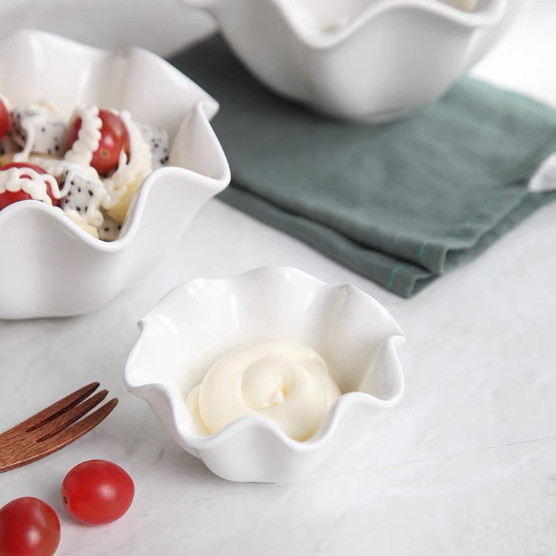 Chén Chấm/Gia vị Sứ tạo hình viền sóng độc đáo tông trắng đơn giản cho gia đình, nhaf hàng