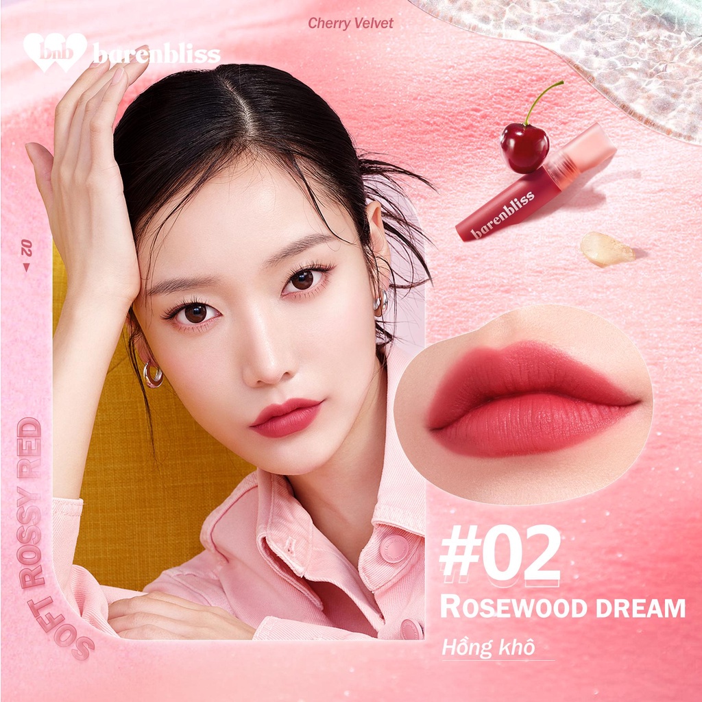 Son Kem Lì Như Nhung Cherry Hàn Quốc Barenbliss Dạng Kem Mịn Mượt Không Khô Môi Lâu Trôi Chống Nước Lip Velvet 2.5g
