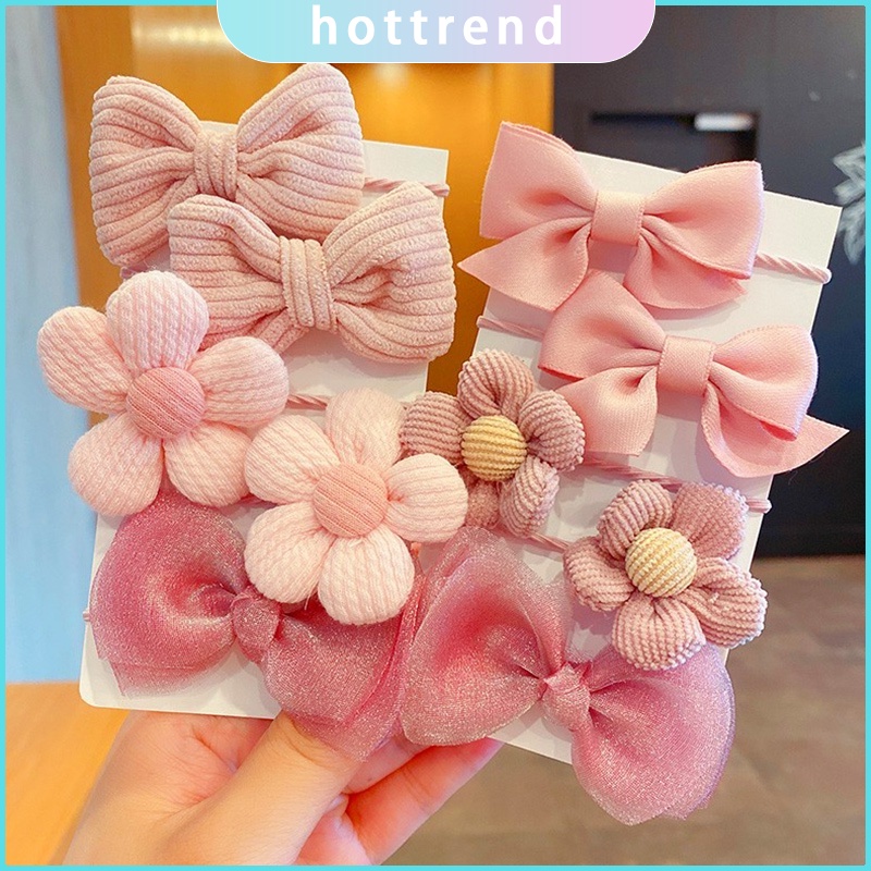 Bộ 10 Dây Buộc Tóc Cao Su Co Giãn Đính Nơ Hoa Dễ Thương Phong Cách Hàn Quốc Cho Bé Gái