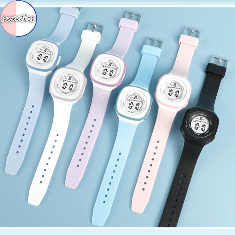 Đồng Hồ Thể Thao Kỹ Thuật Số Đa Năng Chống Thấm Nước Dây silicon Màu Trơn Hình Vuông Cho Học Sinh Nam Nữ