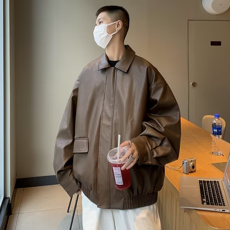 Áo Khoác Da pu Dáng Rộng Phong Cách vintage Hàn Quốc Cho Nam Nữ