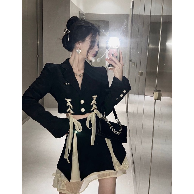 Bộ Áo Vest Thắt Nơ Phối Chân Váy Lưới Ruy Băng Thời Trang Mùa Thu Cho Nữ