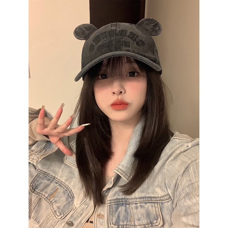 Mũ Lưỡi Trai denim Thêu Hình Tai Gấu Dễ Thương Phong Cách Hàn Quốc