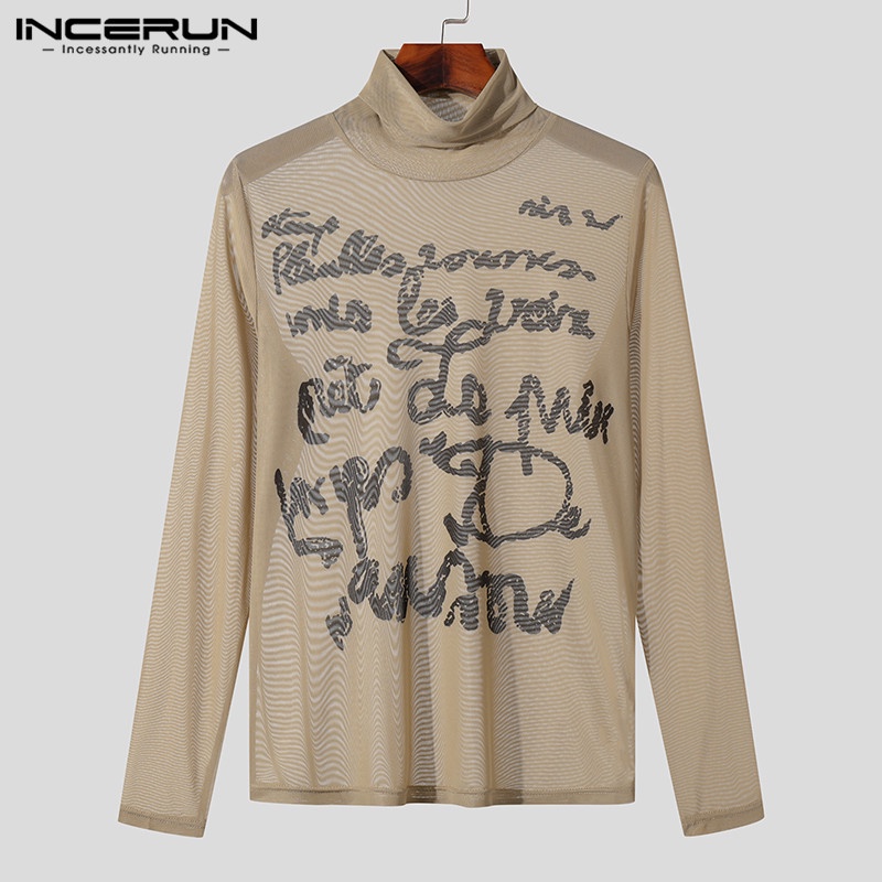 Incerun Áo Thun Nam Tay Dài Cổ Cao Phối Lưới Màu Sắc vintage Nhìn Xuyên Thấu In Chữ Tiếng Anh