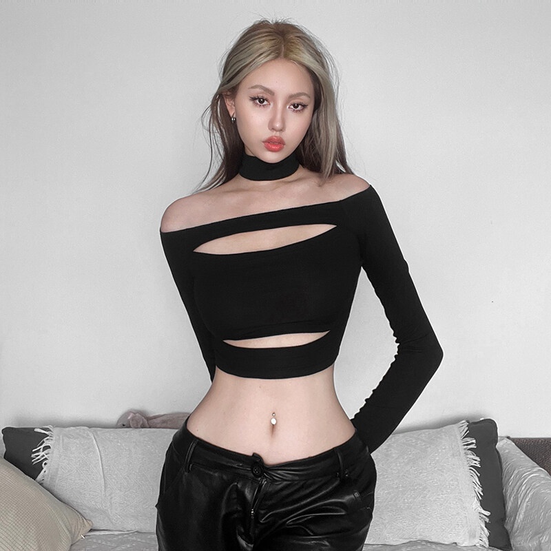 Weird Puss Áo Croptop Tay Dài Hở Vai Dáng Ôm Thiết Kế Khoét Rỗng Màu Đen Trơn Đơn Giản Dành Cho Bạn Nữ