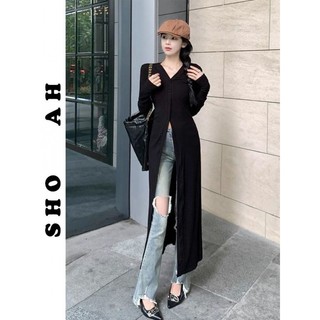 Xẻ Tà Tay Dài Cổ Chữ V Ôm Nữ Áo Thun Mỏng Han Quôc Mùa Thu Cái Mới Thơi Trang Cho Nữ