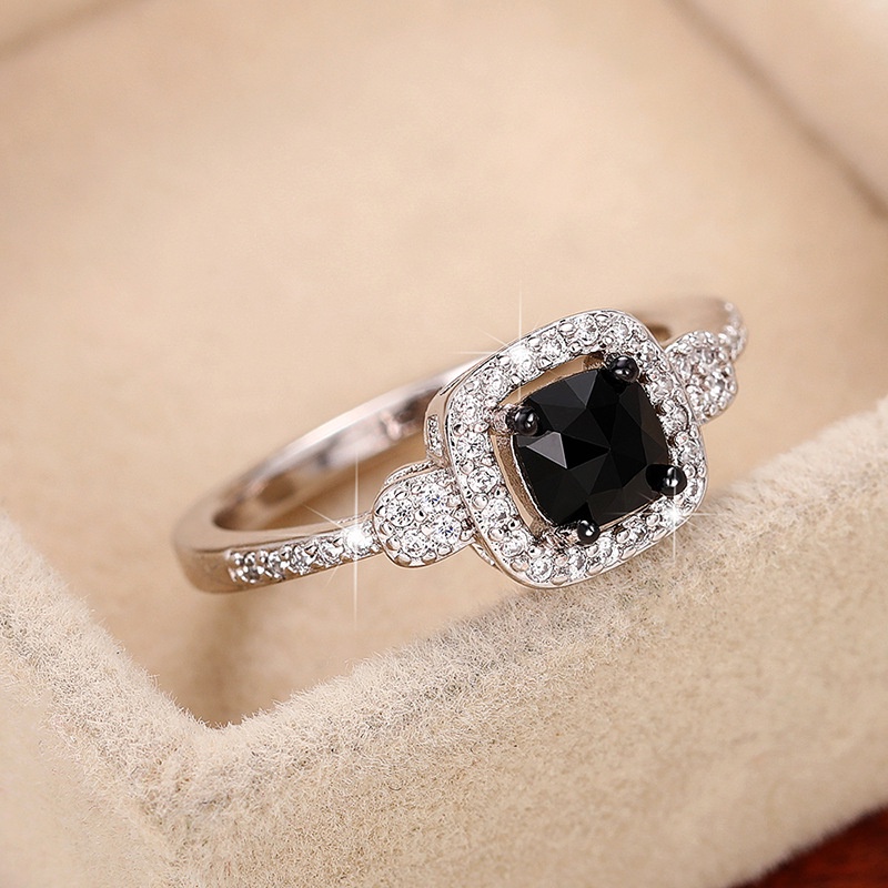 Nhẫn Bạc s925 Đính Đá zircon Hình Vuông Màu Đen Thanh Lịch Thời Trang Cho Nữ