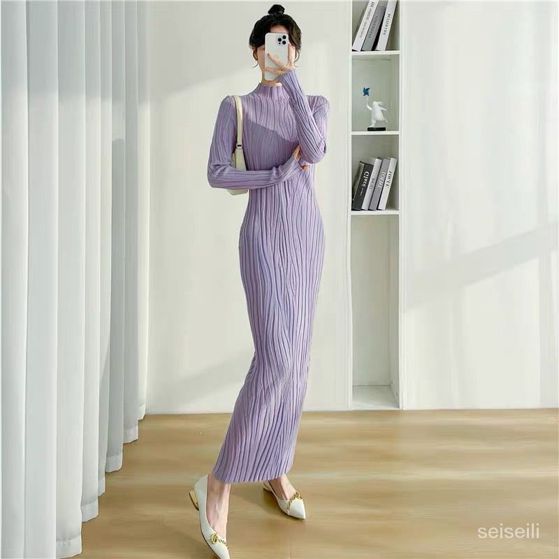 Long knitted dress women's Fall/Winter tight hip bottoming shirt half-height collar knitted sweater knee-length dress