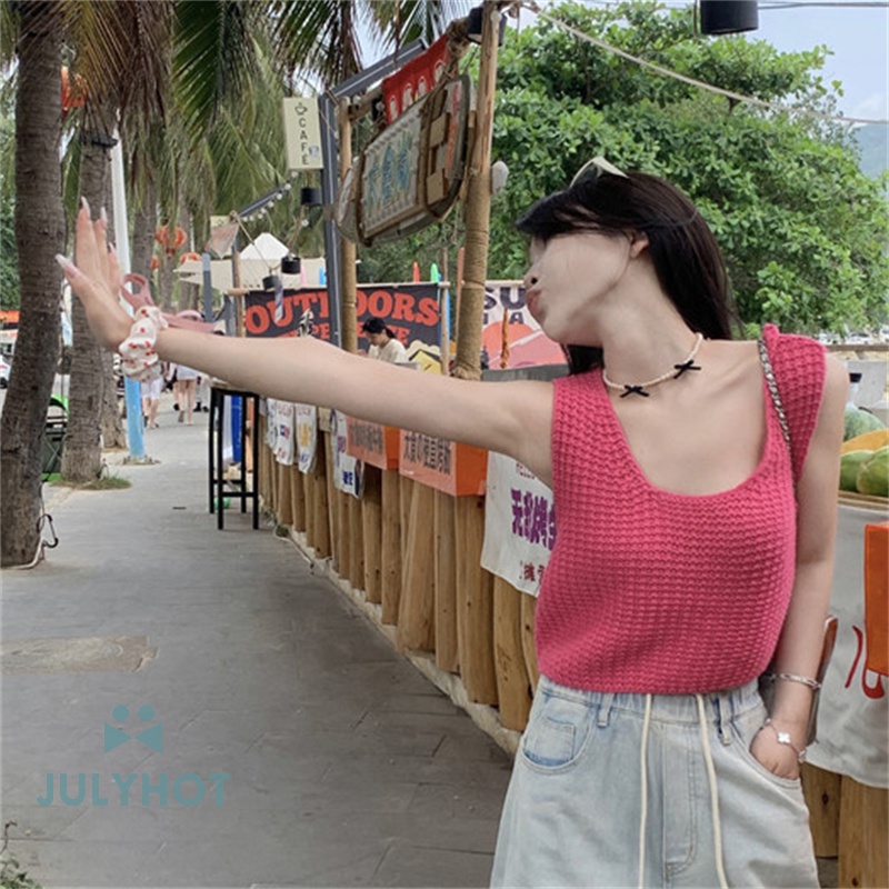 Áo Dệt Kim Sát Nách Dáng Rộng Cổ Tròn Màu Trơn Thời Trang Mùa Hè Cho Nữ