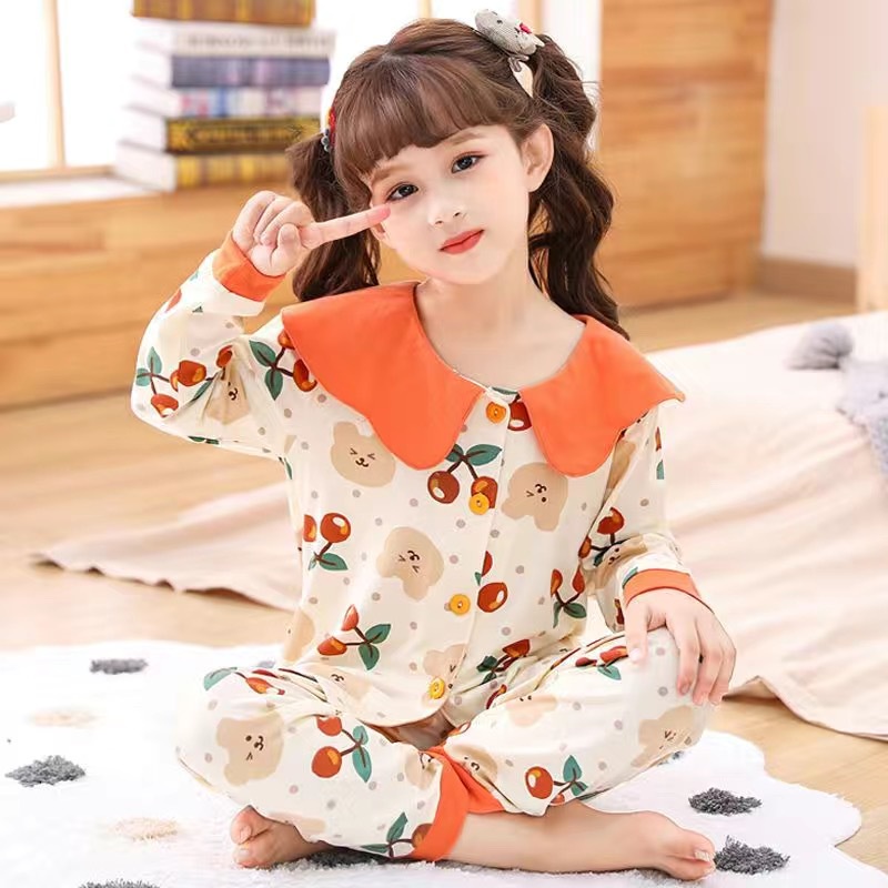 Bộ Đồ Ngủ 2 Món Gồm Áo Tay Dài Cổ Búp Bê Hoạt Hình + Quần Dài Cho Bé Gái