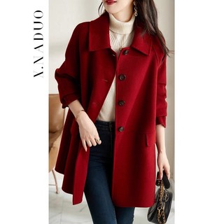 Thu đông rời phác thảo hai mặt lông cừu len áo khoác nữ cao cấp handmade màu đỏ len áo khoác