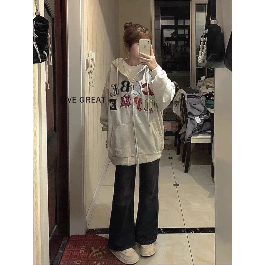 LIVE GREAT Áo Khoác Hoodie In Chữ Phong Cách retro Mỹ Cho Cặp Đôi