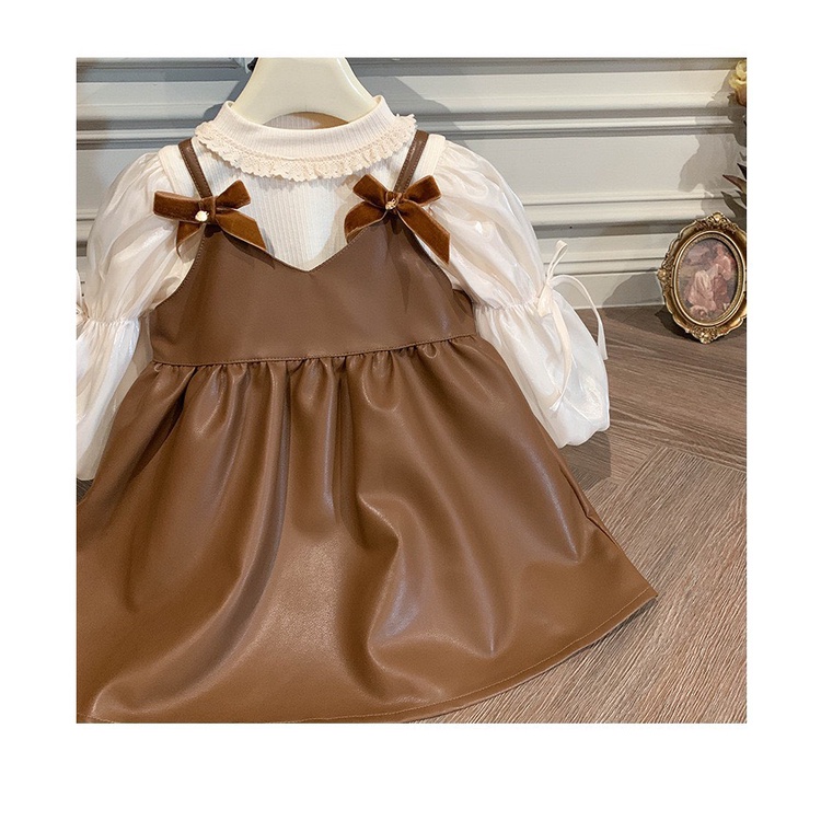 ÁO LEN TAY BỒNG MIX VÁY DA ĐÍNH NƠ PHONG CÁCH CHO BÉ- HÀNG QCCC