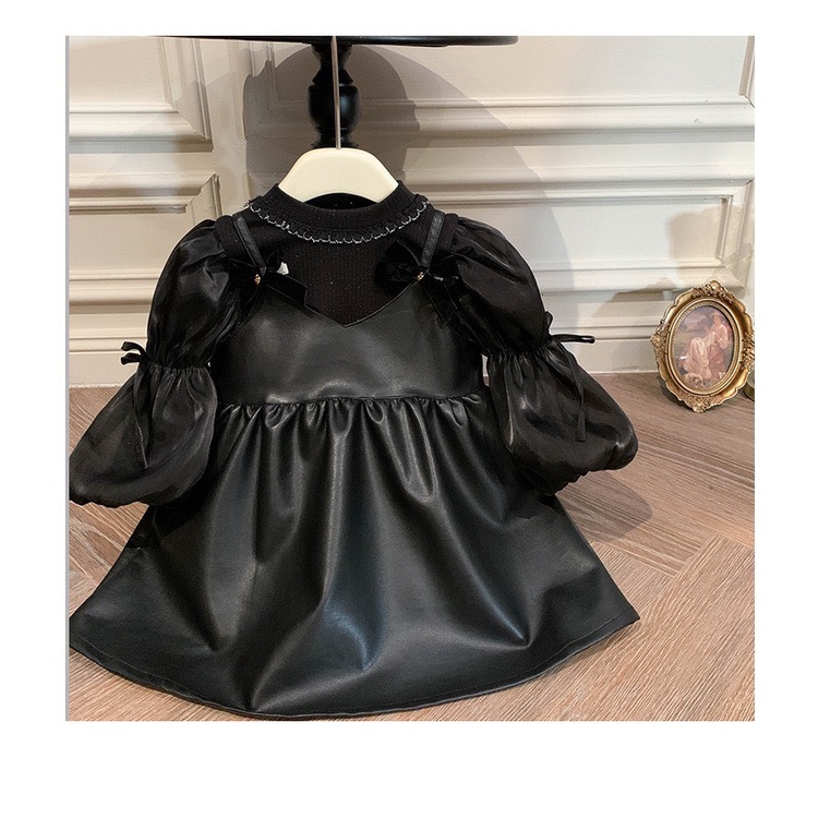 ÁO LEN TAY BỒNG MIX VÁY DA ĐÍNH NƠ PHONG CÁCH CHO BÉ- HÀNG QCCC