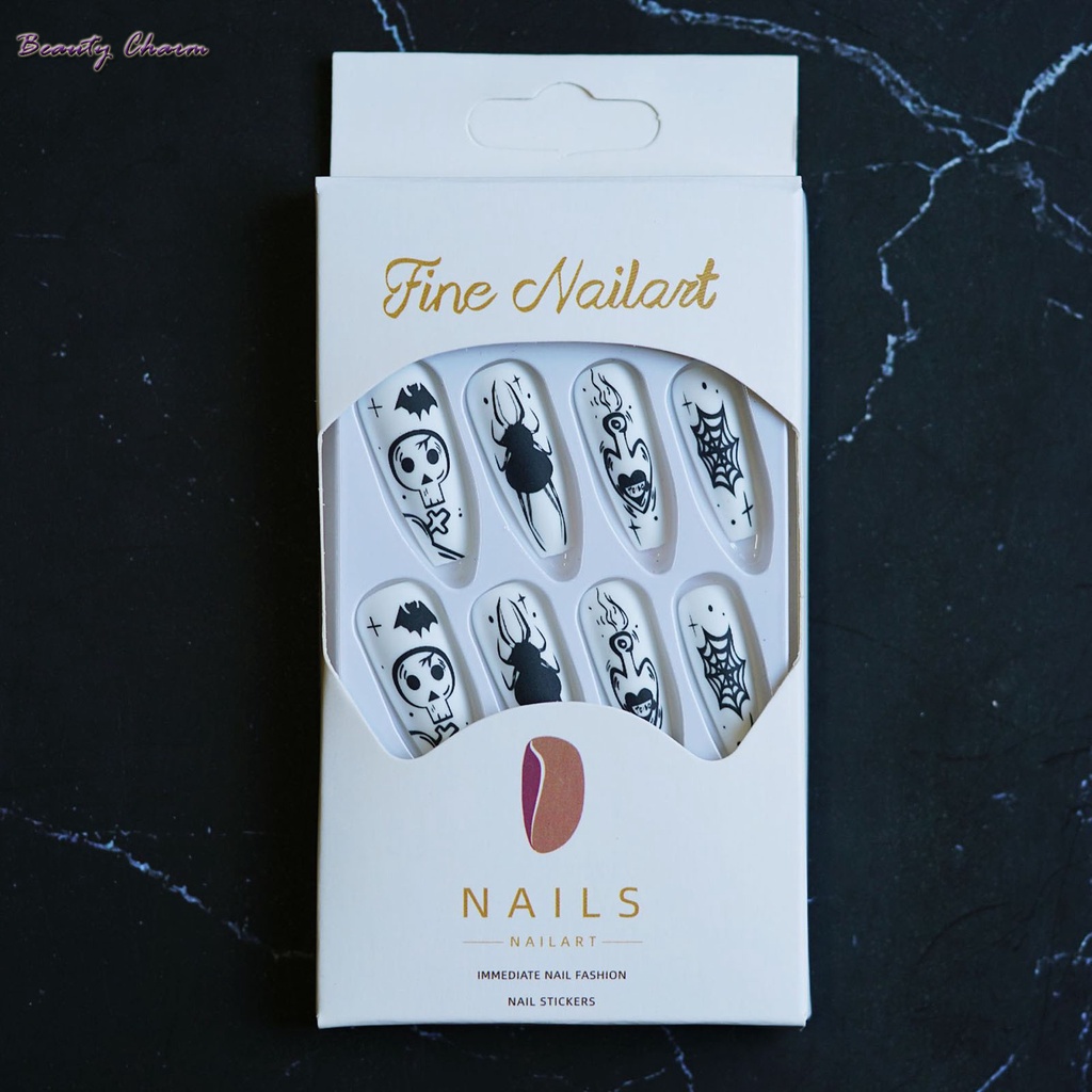 Bộ Móng Tay Giả Màu Trắng In Hình Đầu Lâu Trọng Lượng Nhẹ Và Dễ Gắn Dùng Hóa Trang halloween