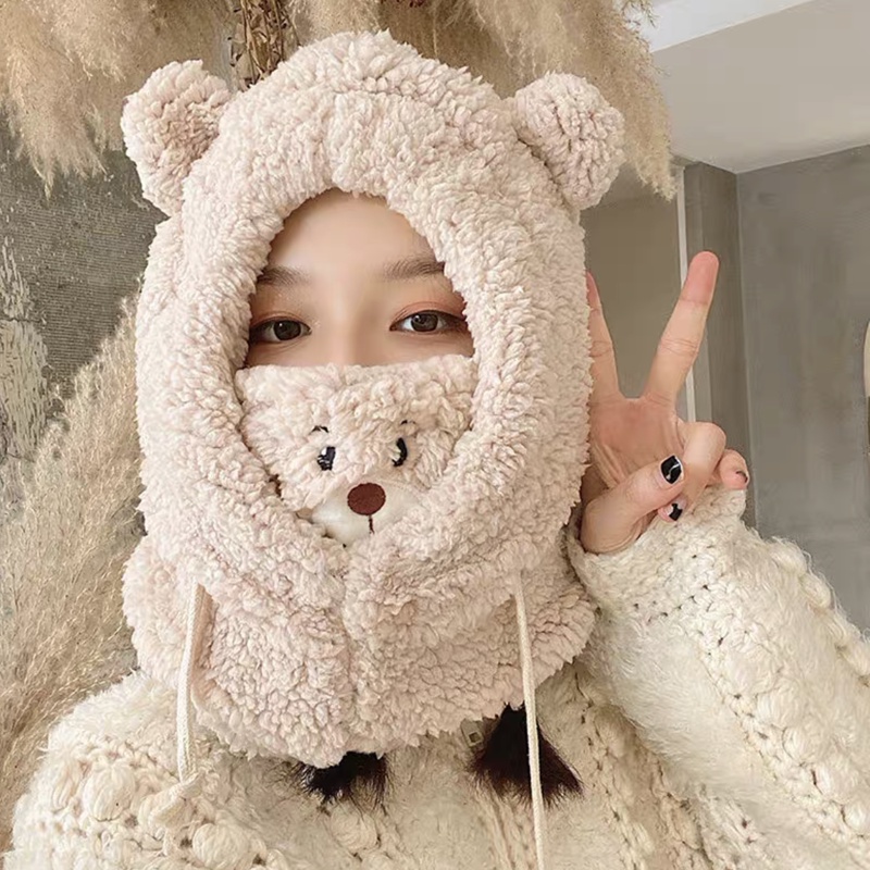 Mũ beanie Lông Cừu Dày Dặn Giữ Ấm Tai Kèm Mặt Nạ Hình Gấu Hoạt Hình Dễ Thương Cho Nữ