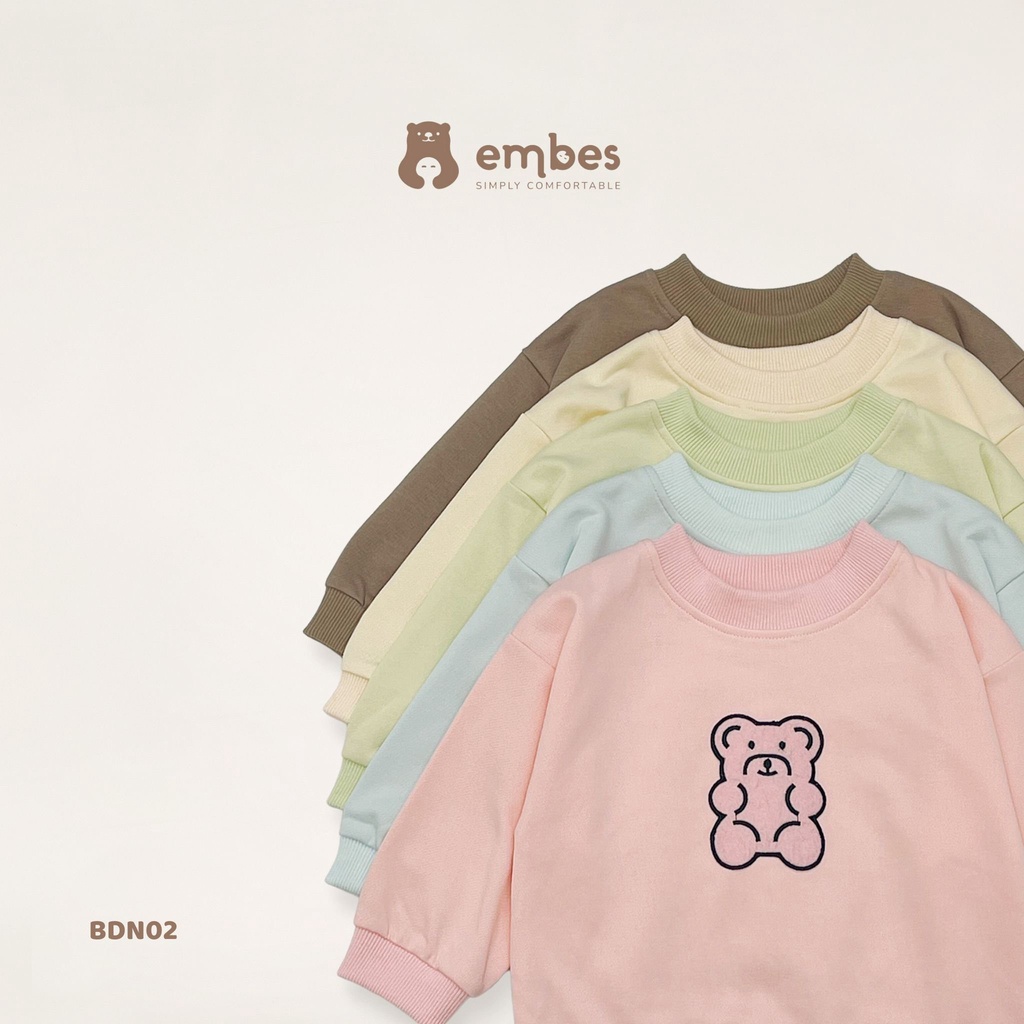 EMBES Bộ quần áo thu đông nỉ da cá cho bé trai bé gái từ 8kg tới 18kg