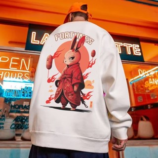 8XL sweater nam form rộng big size tới 120kg Mỹ Red Ninja Bunny in áo len bông giản dị nhung quá khổ vòng cổ áo len dài tay áo thun dày cho các cặp vợ chồng