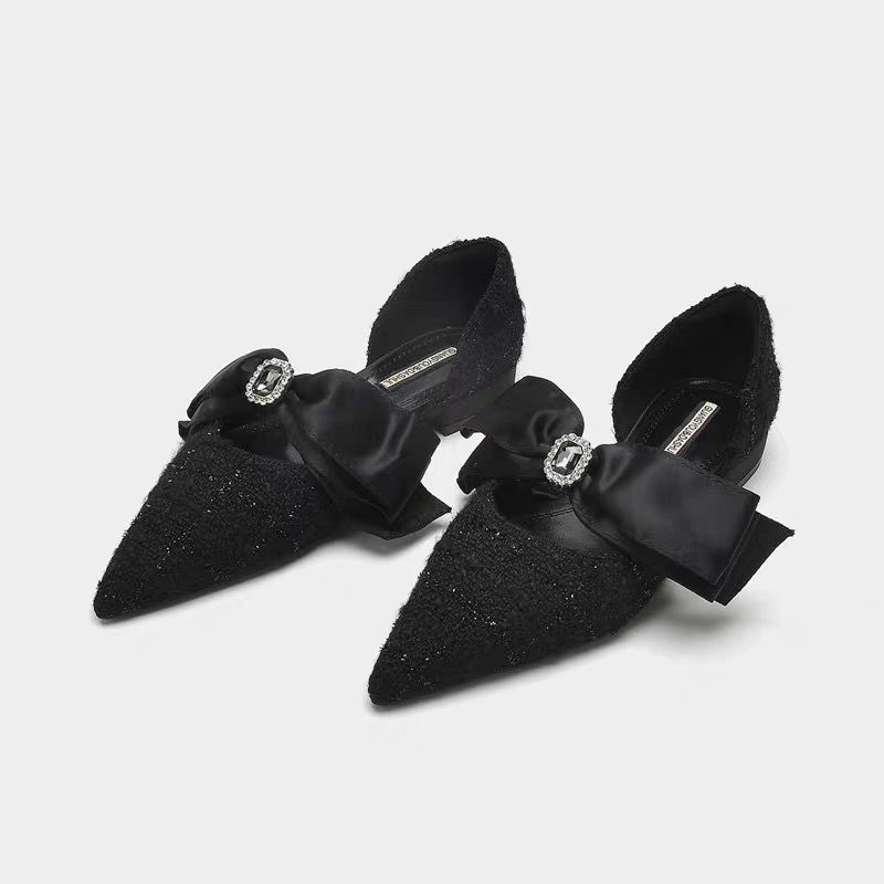 Giày Cao Gót Đế Thấp Mũi Nhọn Đính Đá Phối Nơ Thời Trang Mùa Hè 2023