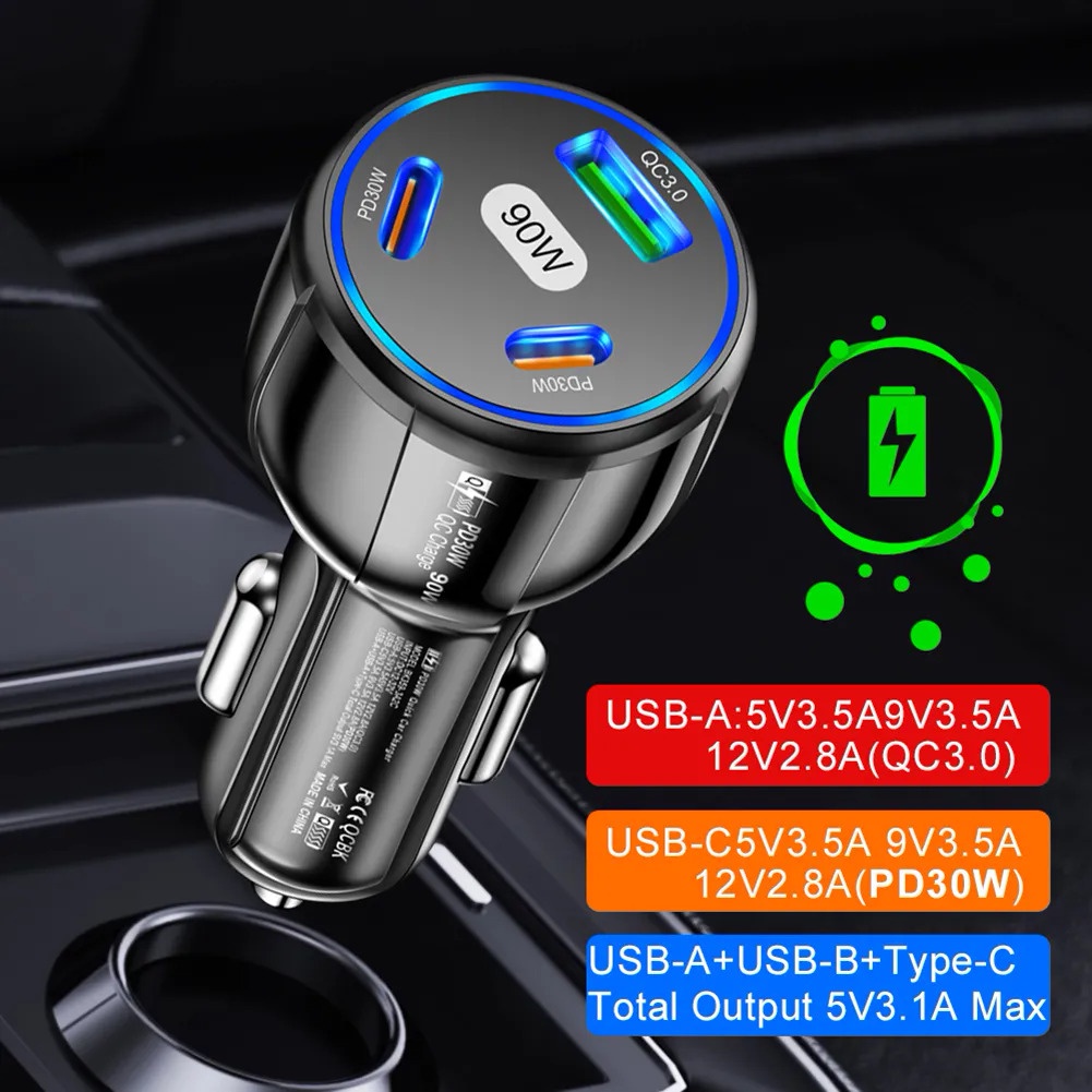 HUAWEI XIAOMI Tẩu Sạc Điện Thoại 3 Cổng usb qc3.0 90w Cho Xe Hơi samsung