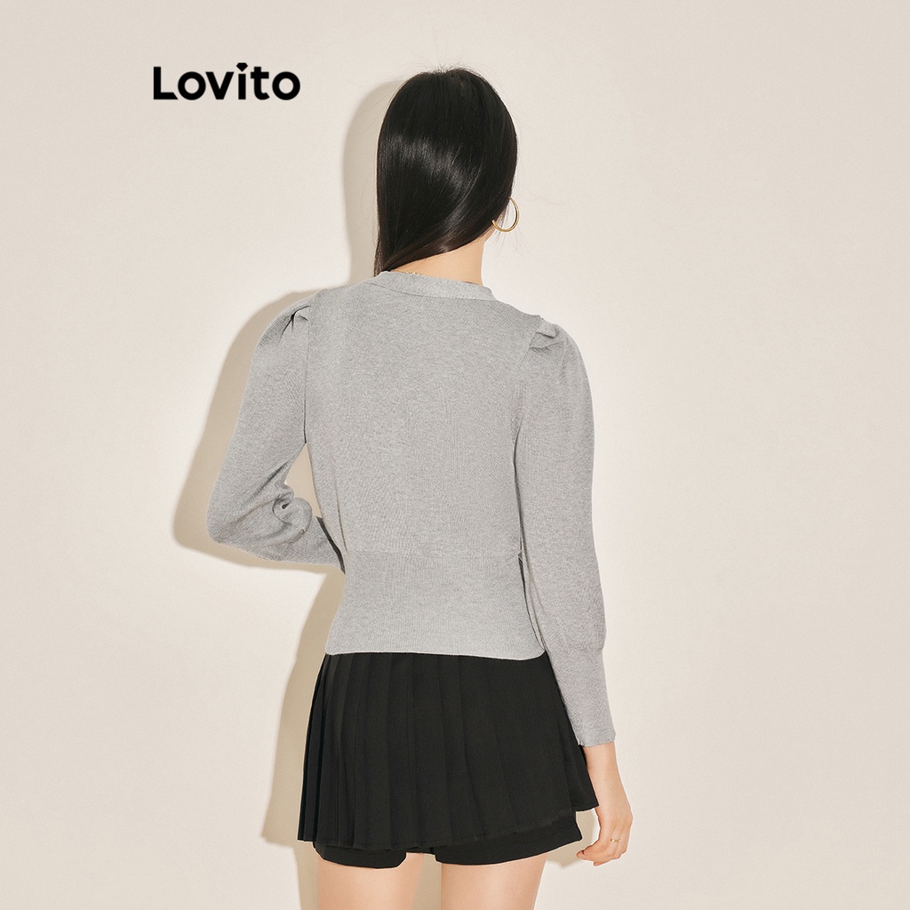 Áo sweater Lovito cổ chữ V cột nơ màu trơn đáng yêu cho nữ L61AD150 (màu xám/ trắng/ đen)