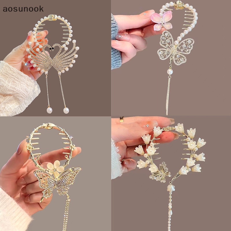 Aosunook Kẹp Tóc Hình Bướm / Hoa Lan / Thiên Nga Đính Ngọc Trai Xinh Xắn Cho Bé Gái