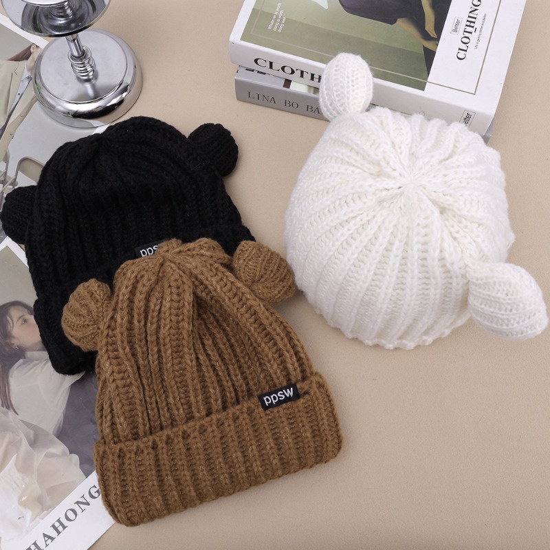 Dễ Thương Mũ Len Dệt Kim Rộng Vành Hình Tai Gấu Xinh Xắn Phong Cách Hàn Quốc