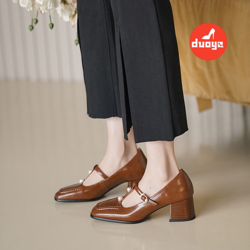 Nhà máy duoya tóc thẳng ~  gió buổi tối nhẹ nhàng giày đơn miệng nông mũi vuông gót dày giày nữ phong cách hepburn mary jane giày da nhỏ miễn phí vận chuyển