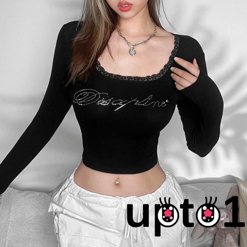 Áo Croptop Tay Dài Viền Ren In Chữ Thời Trang Cho Nữ
