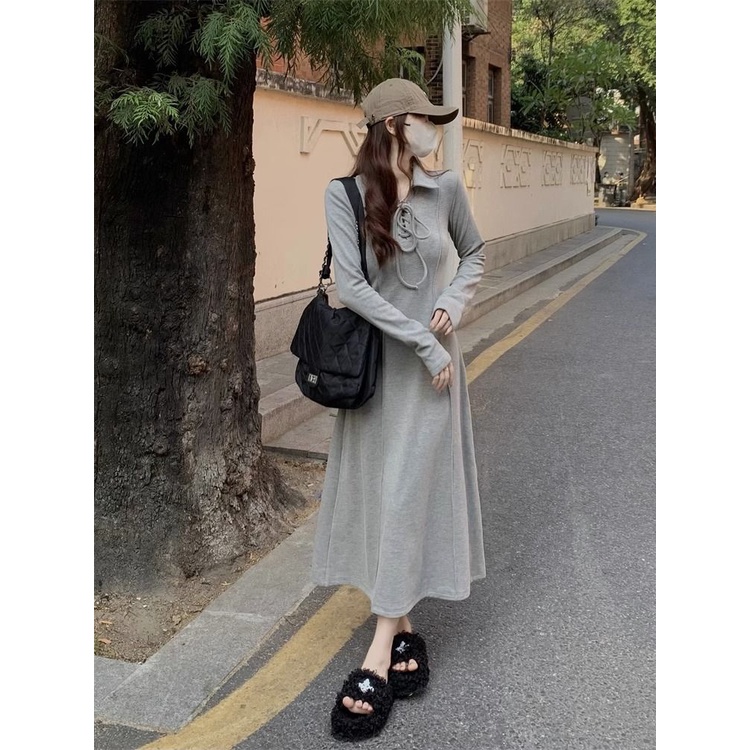 Đầm Xám Tay Dài Ôm Eo Phong Cách Thời Trang Thu Đông Cổ Điển Size s-xl