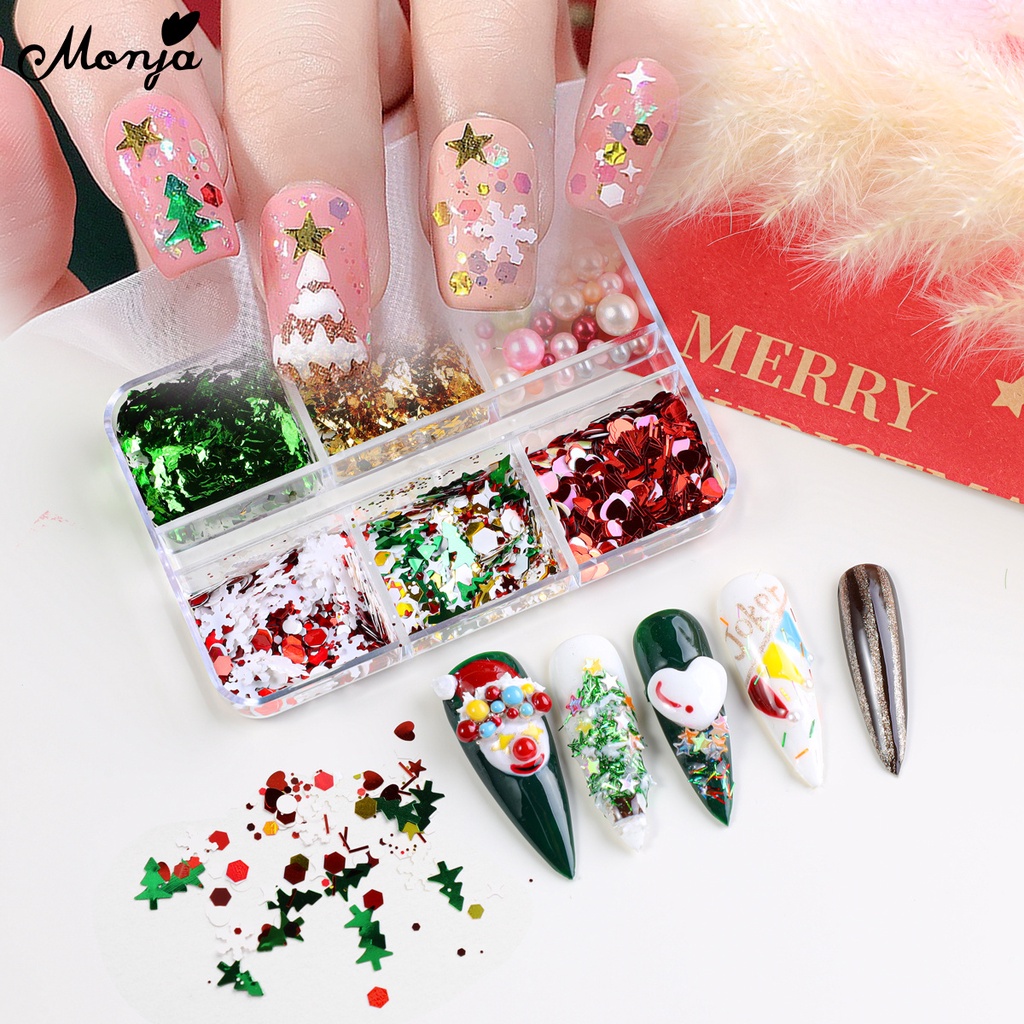 Monja Hộp Lá Nhôm 6 Ngăn Đựng Hạt Kim Sa Hình Hoa Tuyết / Trái Tim Nhiều Màu Sắc Trang Trí Móng Nghệ Thuật diy